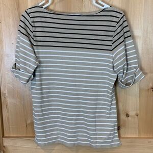 Karen Scott tan and white striped shirt with 3/4 length sleeve size medium